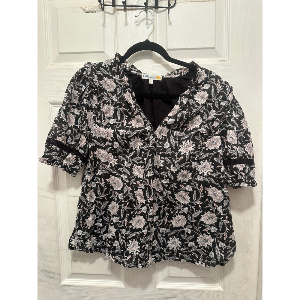 C&C California Black Floral Cotton V-Neck Puff Sleeve Blouse Lace Trim Boho M